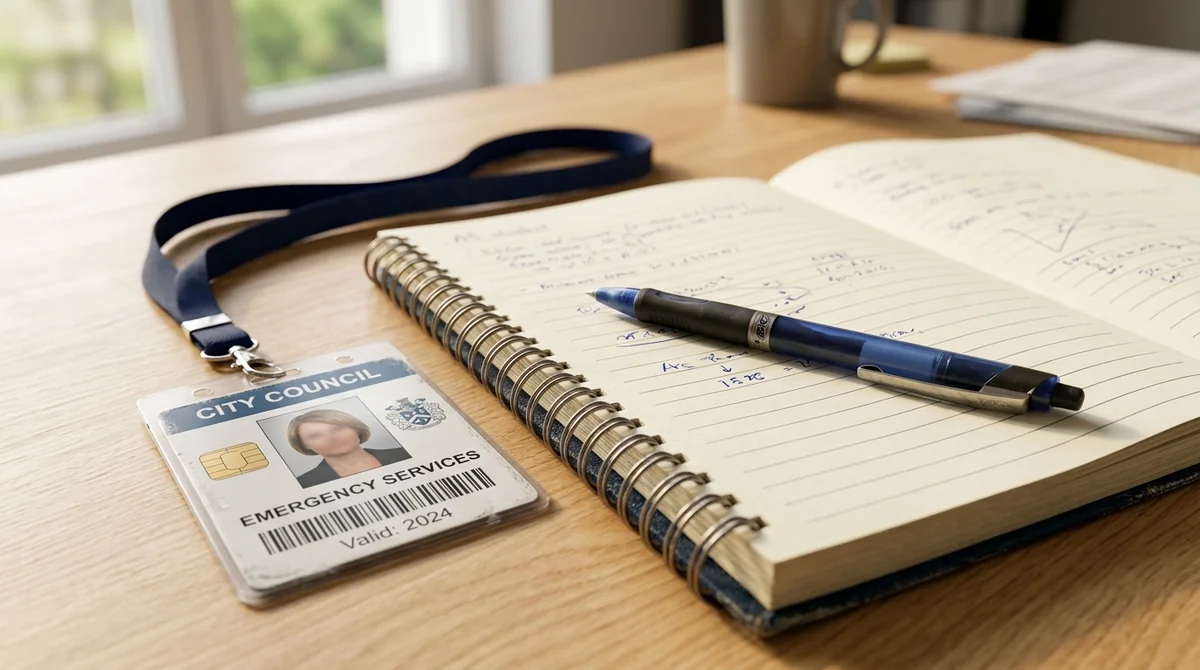 Un badge d'identification des services d'urgence posé près d'un carnet avec un stylo.