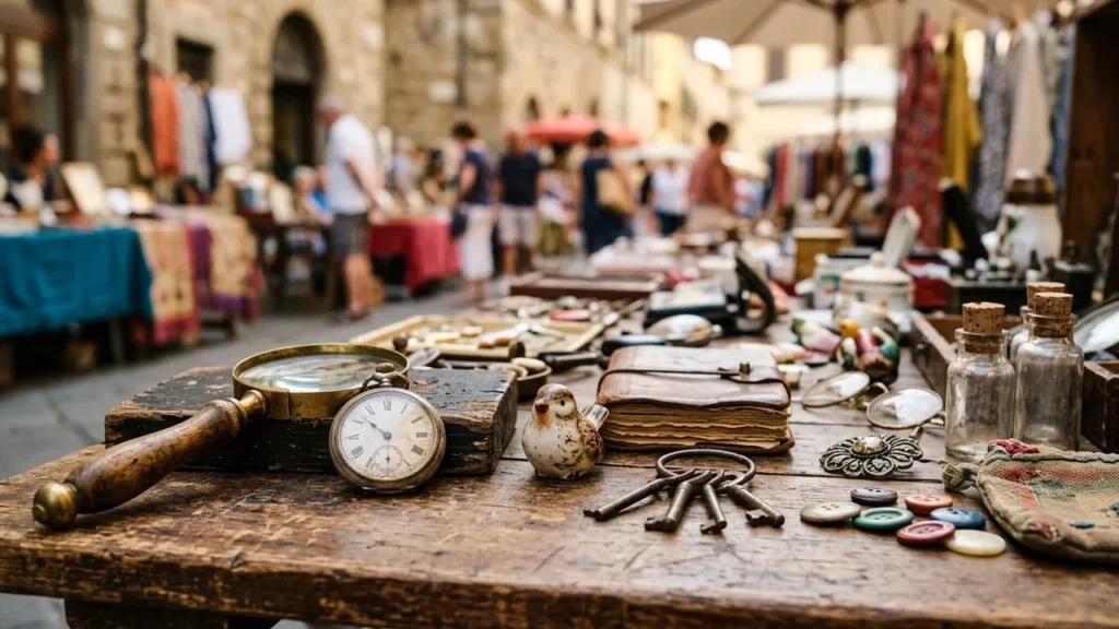 Objets anciens et montres posés sur une table en bois dans un marché aux puces.