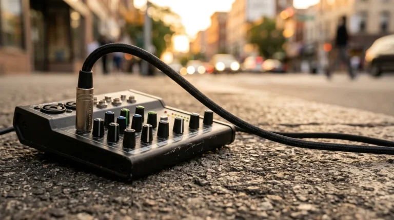 Une console de mixage audio noire posée sur le sol urbain avec un câble connecté.