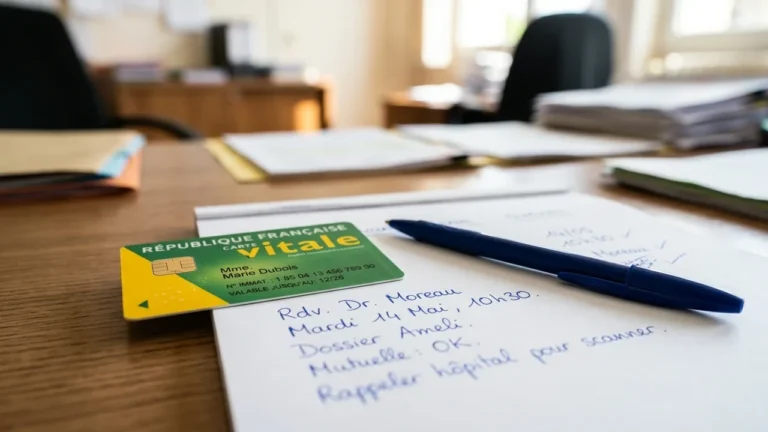 Une carte Vitale française posée sur un bloc-notes avec des notes manuscrites et un stylo.