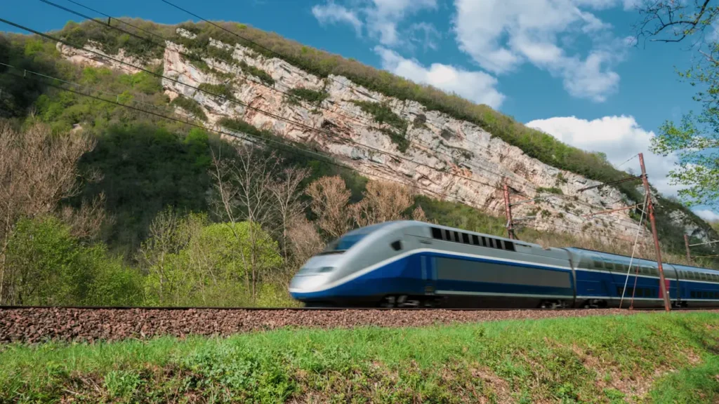 Un train TGV circulant dans la vallée de l'Albarine en France.