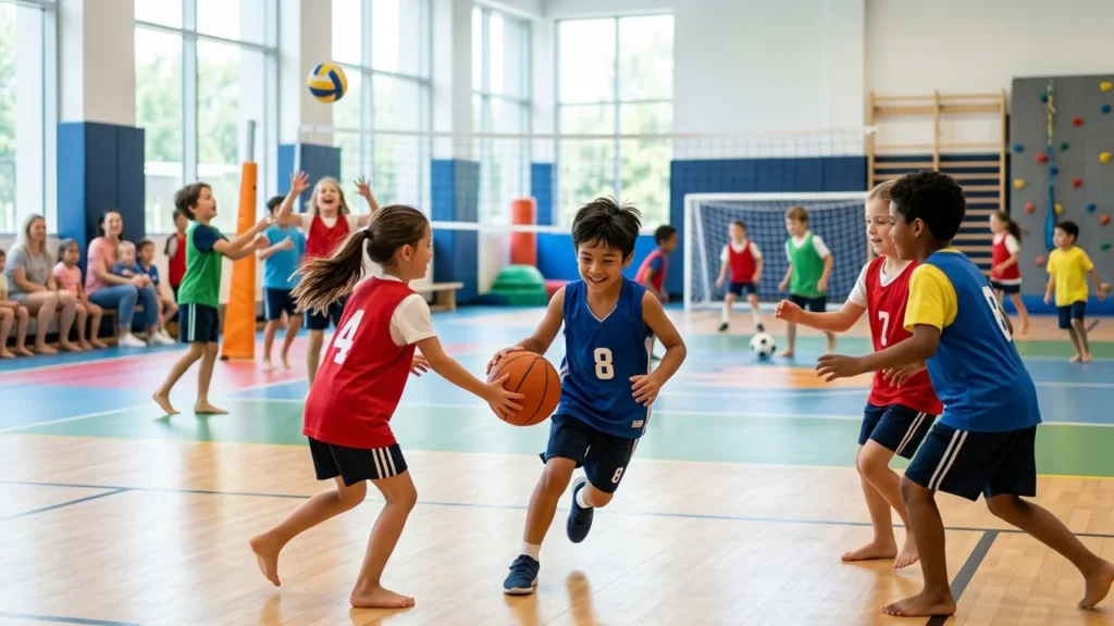 Des enfants en tenues sportives jouent au basket dans un gymnase scolaire lumineux et coloré.
