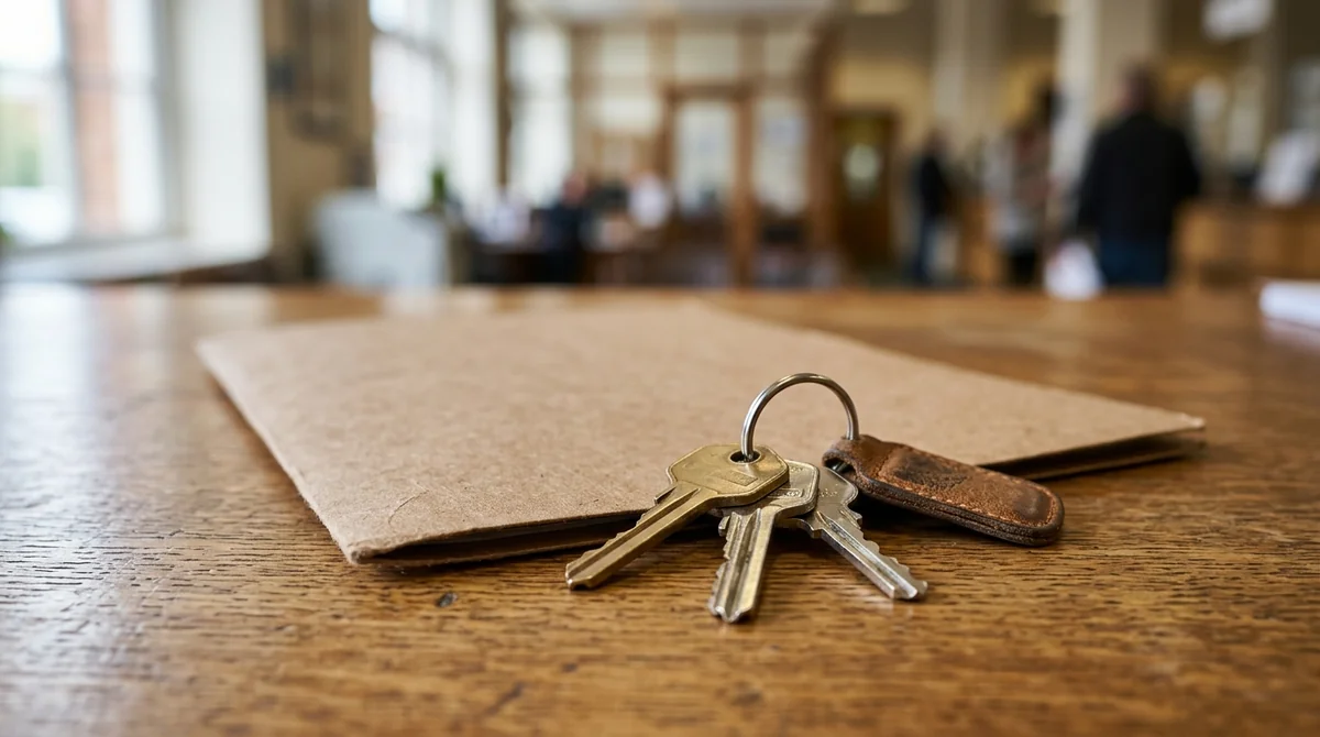 Un trousseau de clés en métal posé sur un dossier en papier kraft marron.