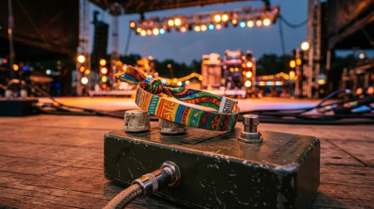 Un bracelet de festival coloré posé sur une pédale d'effet de guitare sur scène.