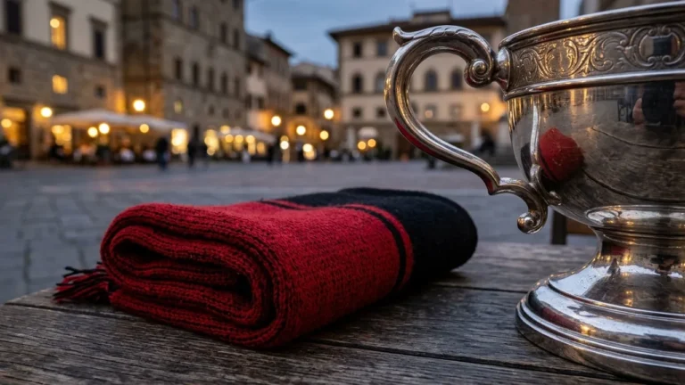 Une coupe en argent et une écharpe rouge et noire sur une table en bois.