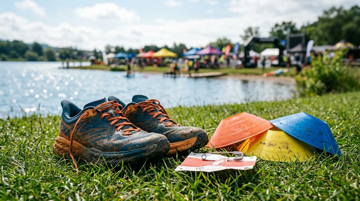 Paire de chaussures de trail boueuses, cônes d'entraînement et dossard près d'un lac ensoleillé.