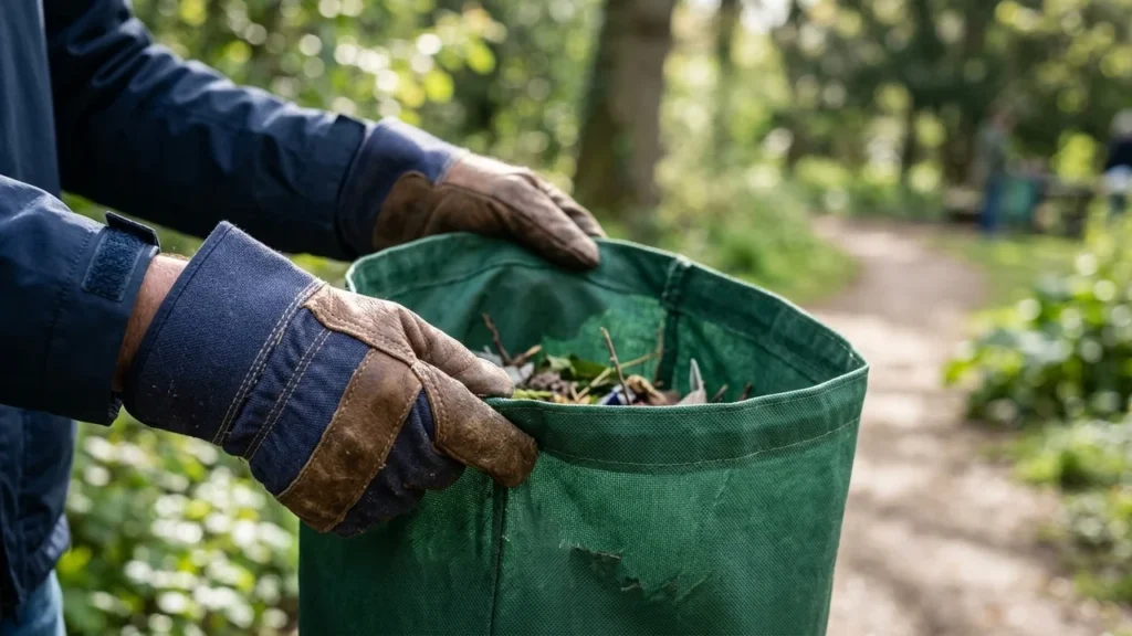 Gros plan sur des mains gantées tenant un sac de jardin vert rempli de débris.