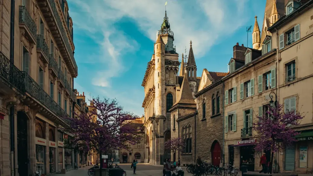 Vue d'une rue historique avec une cathédrale imposante à l'architecture gothique au centre.