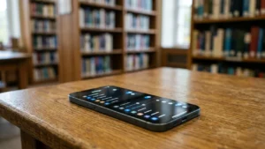 Un smartphone posé sur une table en bois dans une bibliothèque aux étagères floues.
