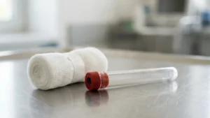 Un rouleau de bande de gaze médicale posé à côté d'un tube à essai vide.