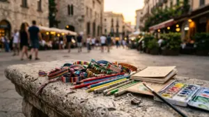 Des bracelets colorés, des crayons et un carnet de croquis posés sur un muret ancien.