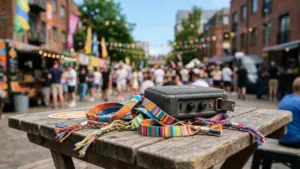 Une enceinte portable et des bracelets colorés posés sur une table en bois extérieure.