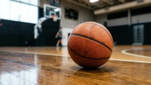 Un ballon de basket orange texturé posé sur le parquet d'un gymnase intérieur vide.