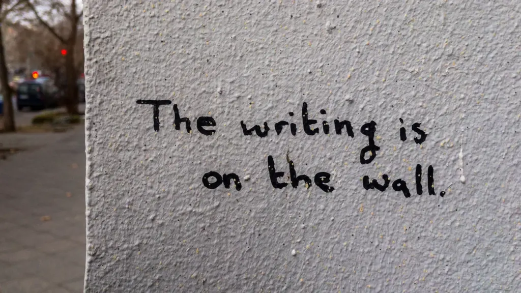 Graffiti sur un mur urbain avec l'inscription en anglais : The writing is on the wall.