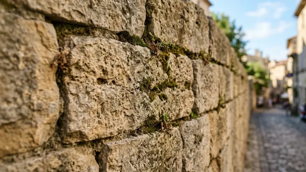 Gros plan sur un mur de pierre ancienne avec de la mousse dans les interstices.