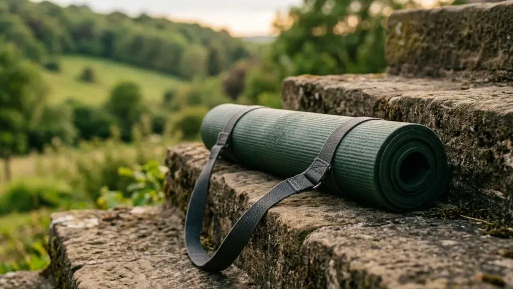 Un tapis de yoga vert enroulé avec une sangle posé sur des marches en pierre.