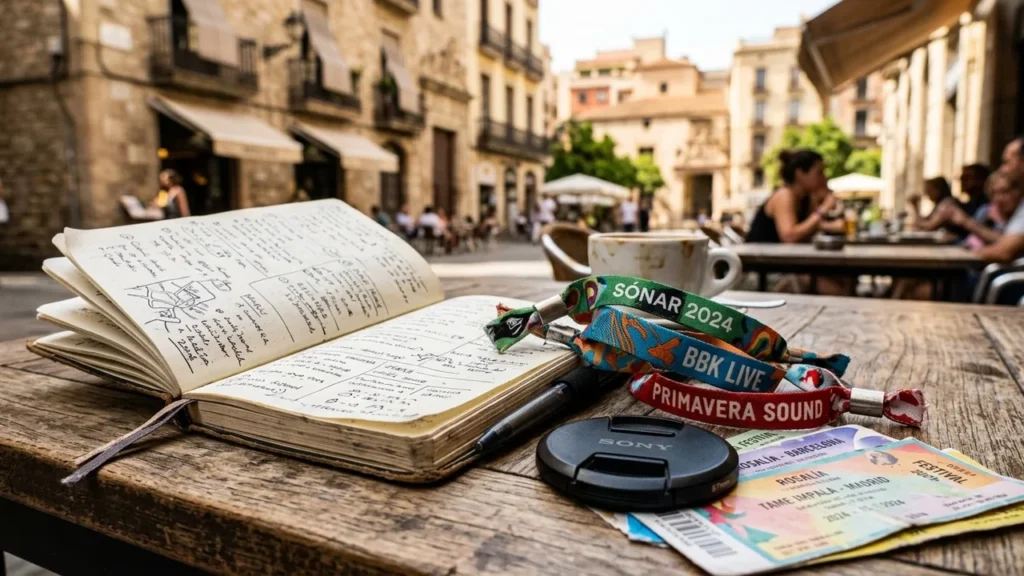 Un carnet ouvert, des bracelets de festivals et des billets sur une table en terrasse.