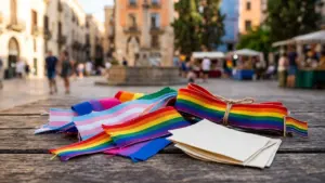 Des rubans aux couleurs arc-en-ciel et transgenre posés sur une table en bois extérieure.