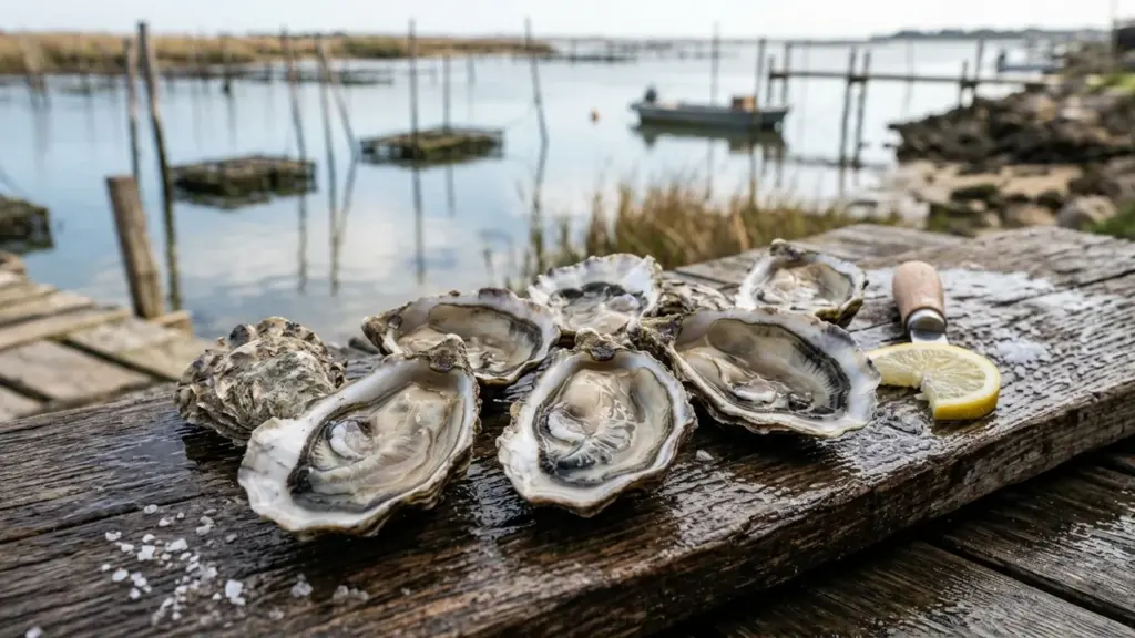 Plusieurs huîtres fraîches ouvertes sur une planche en bois avec un quartier de citron.