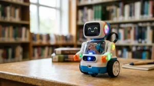 Petit robot éducatif blanc et bleu avec un écran souriant posé sur une table.
