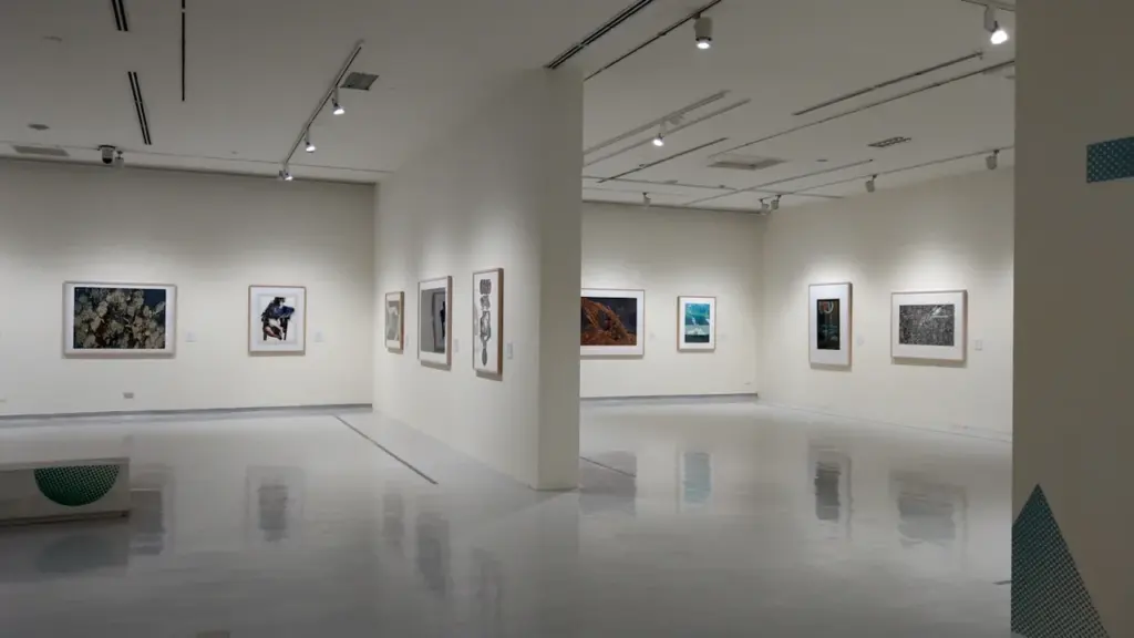 Vue d'ensemble d'une galerie d'art contemporain lumineuse aux murs blancs et épurés.