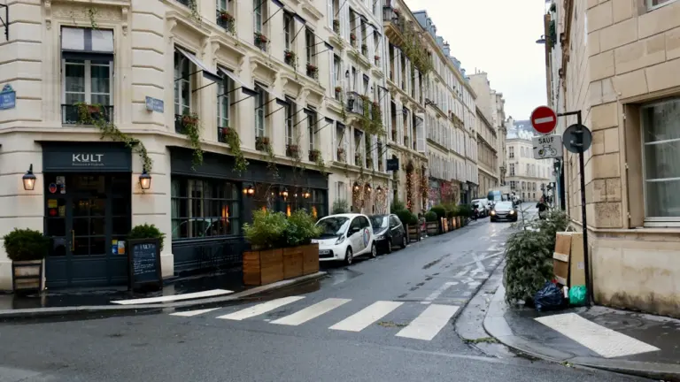 Une rue urbaine typique avec des voitures garées le long des trottoirs.