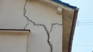 Vue rapprochée d'une façade de maison beige présentant des fissures structurelles importantes et profondes.