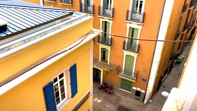 Vue panoramique plongeante sur les toits d'une ville historique française sous le soleil.